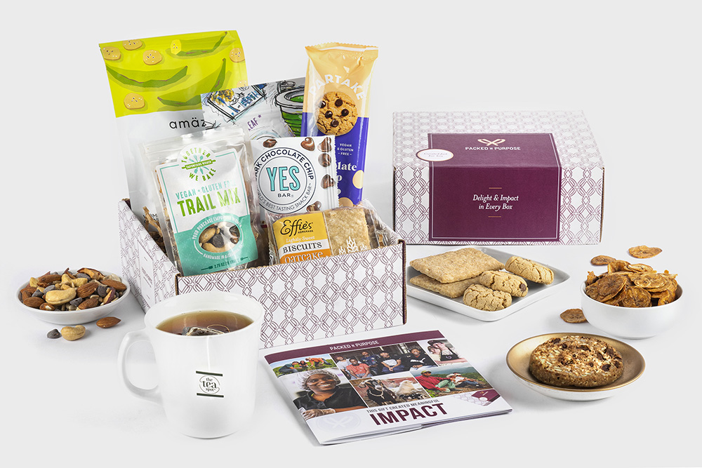 snacks and tea around and in a gift box