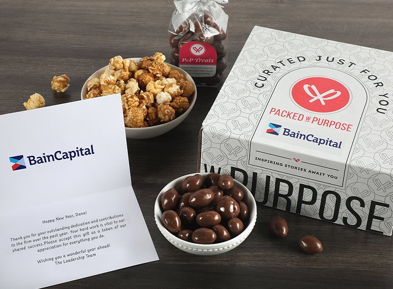Bain Capital branded gift box and treats