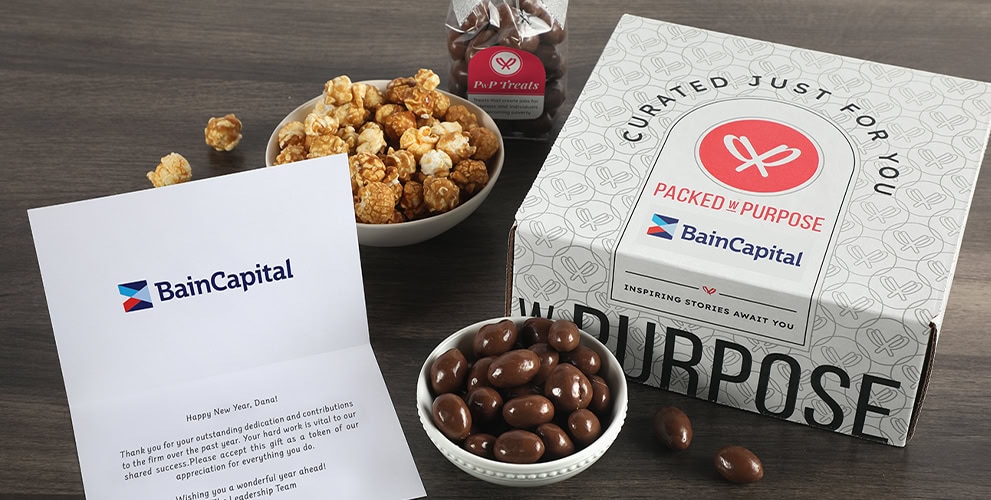 Bain Capital branded gift box and treats