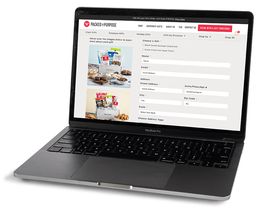 Laptop displaying our Gifting Portal