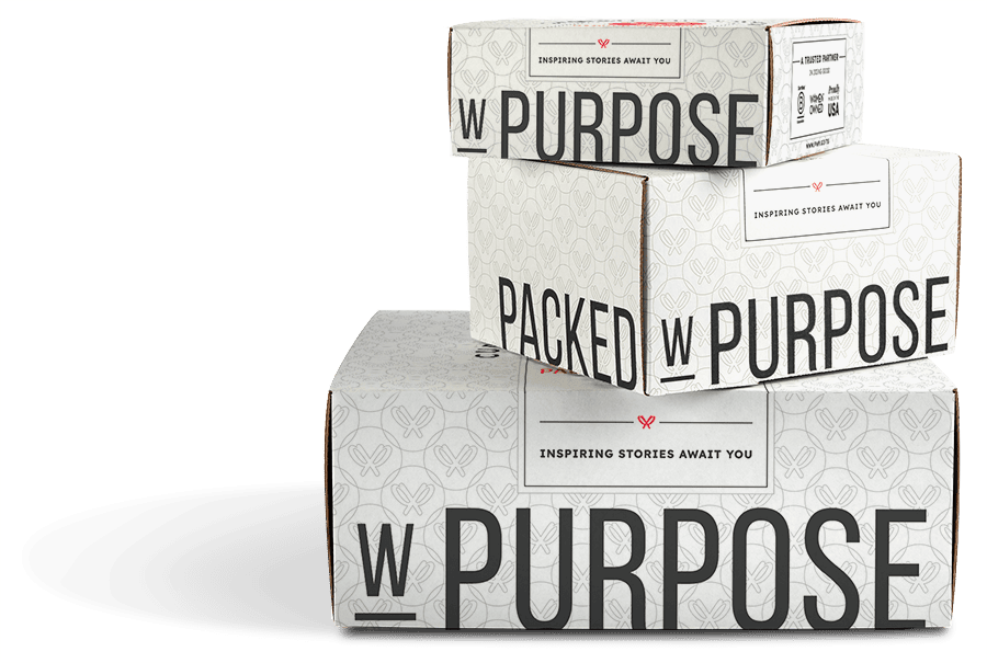 A stack of Packed with Purpose boxes of various sizes