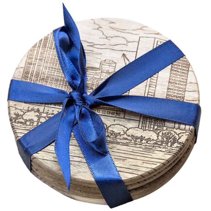 Three pack of coasters wrapped in blue ribbon
