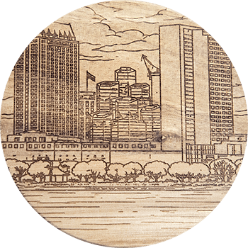 Coaster with laser etched artwork depicting the Chicago skyline