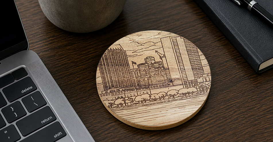 Wooden coaster with a custom engraving on a desktop