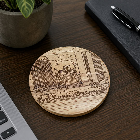 Wooden coaster with a custom engraving on a desktop
