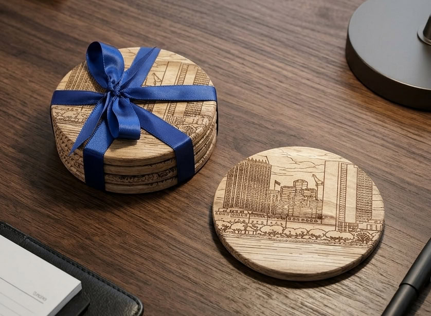 Custom engraved coasters on a dark wood office desk