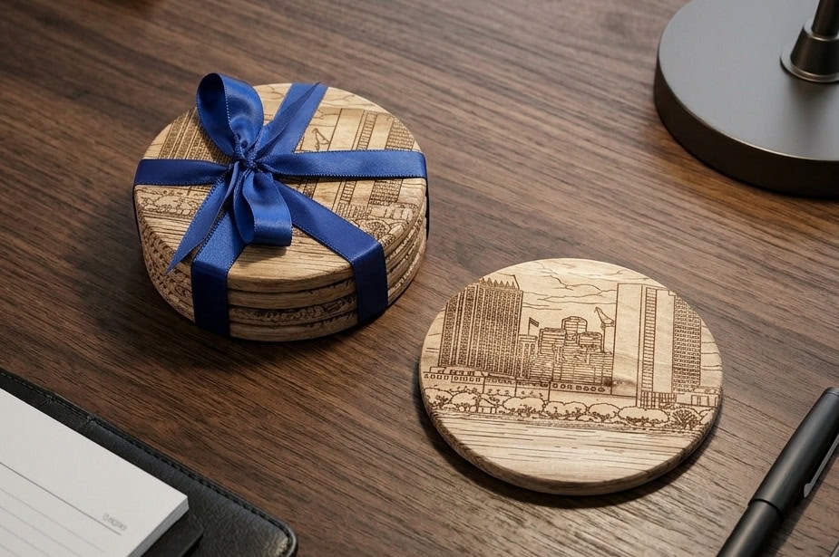 Custom engraved coasters on a dark wood office desk