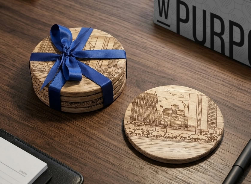 Custom engraved coasters on a dark wood office desk