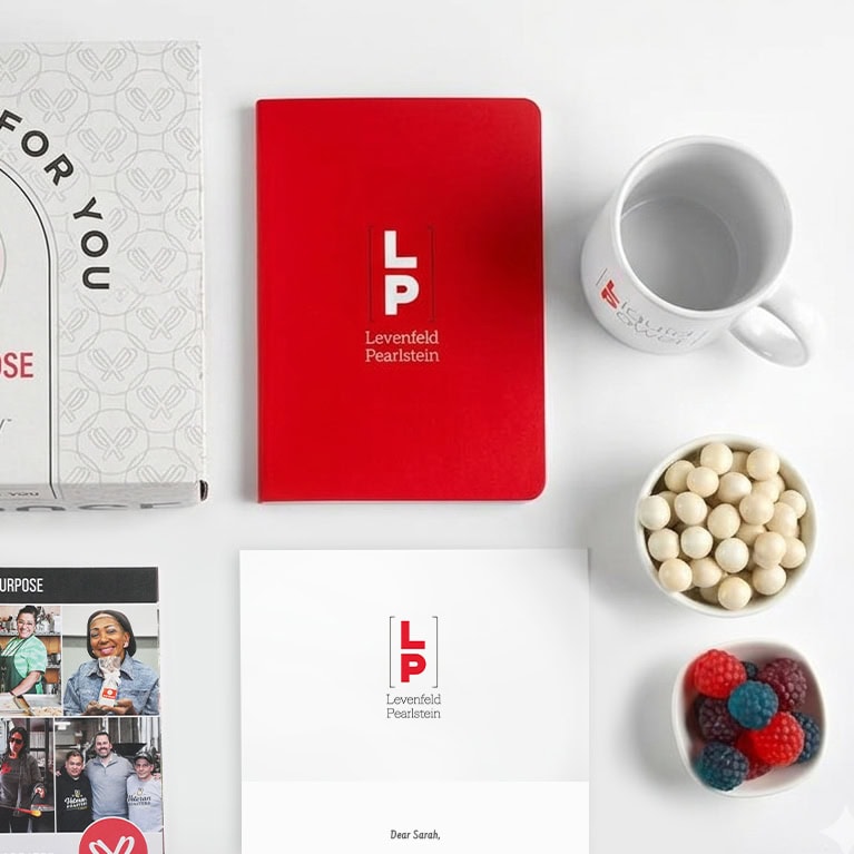 Overhead of A National law firms custom branded Packed with Purpose gift