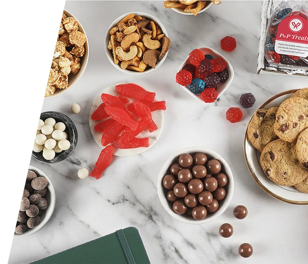 Overhead of a corporate gift arranged on a desktop