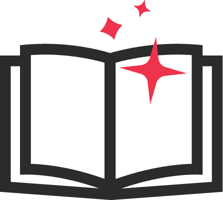 Icon of a book with sparkles depicting storytelling