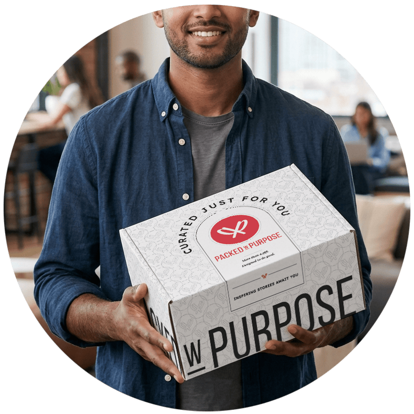 Employee smiling with a Packed with Purpose gift box in hand